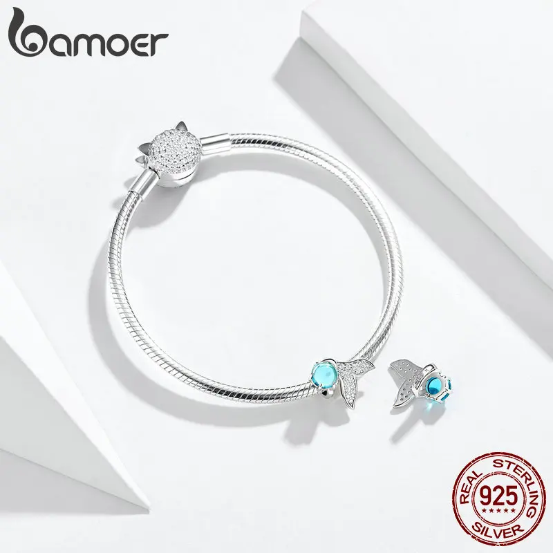 Bamoer, хвост русалки, шарм, подходит для оригинала, серебро 925, браслет и браслет, голубая слеза, европейские Подвески, сделай сам, ювелирные изделия, подарки для девочек SCC1226