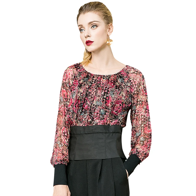 

POKWAI Autumn New Long-Sleeved Stitching Contrast Print Tops Pleated Slim Versatile Silk Shirt Women