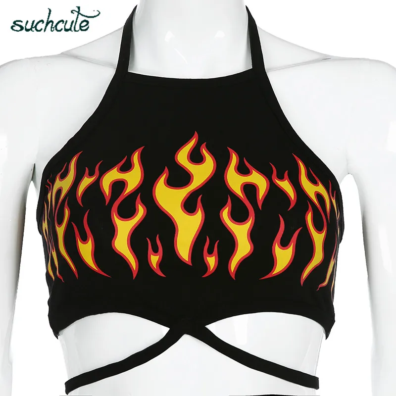 SUCHCUTE Crop Top With Flame Print Female T-Shirt Summer Sexy Streetwear Harajuku Gothic Korean Style Topics Body For Women