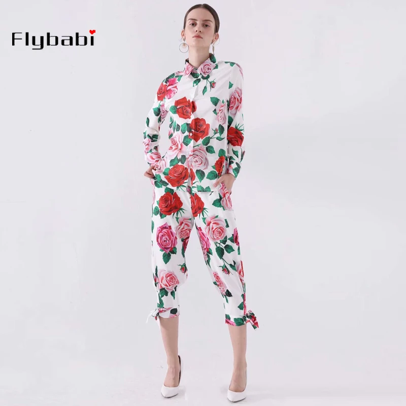 

Europe Style 2019 Autumn New Arrival Suit Sets 2 Piece Turn-down Collar Full Sleeve Top + rose print Calf-Length Pants length