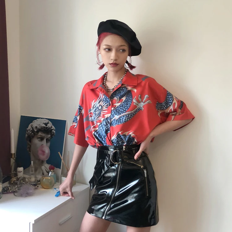 Cheerart harajuku блузка женская летняя рубашка дракон принт streetwear топ женский красная блузка блузка с коротким рукавом