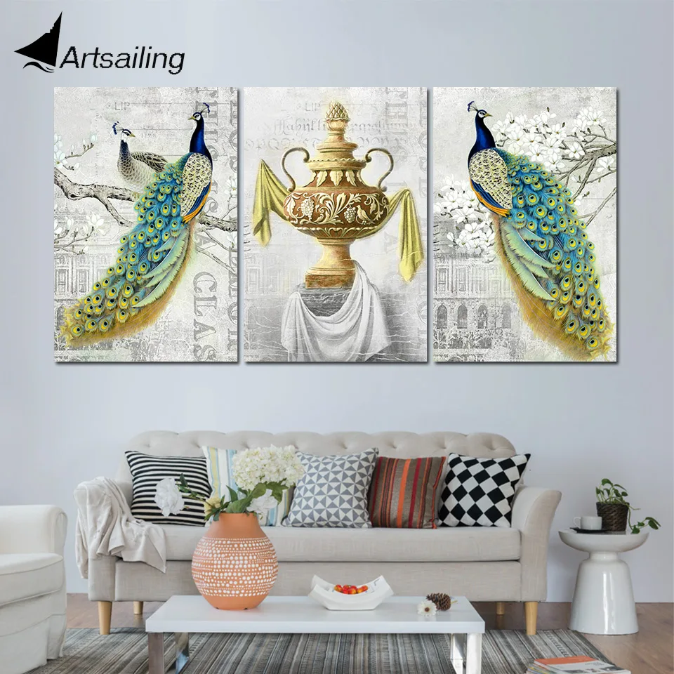 3 panels wall art peacock painting canvas HD print beautiful on | Дом и сад