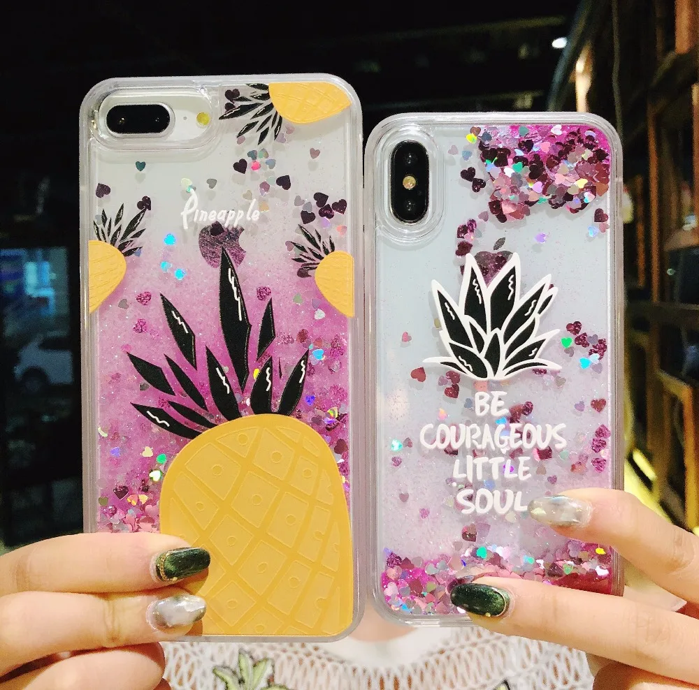 Bling Glitter Dynamic love heart pineapple Liquid Quicksand Phone Back cover For iPhone 6 6S Case 7 8 X Plus Capa |