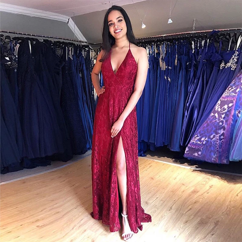 

Sexy Evening Dresses Burgundy Lace Halter Neck A-line Formal Party Gowns Front Split Backless Sweep Train Evening Gown