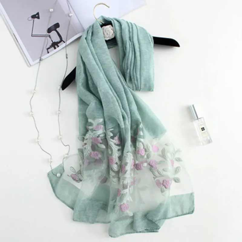 summer organza imitation silk scarves women fashion shawl versatile soft Lady Flower embroidery 200 cm *70 | Аксессуары для одежды