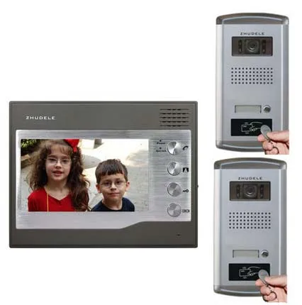 ZHUDELE Home Security Intercom System For 2 Doors 1X7&quot Video Door Phone Monitor+2XIR HD IR Camera w/t ID Card Unlocking function |