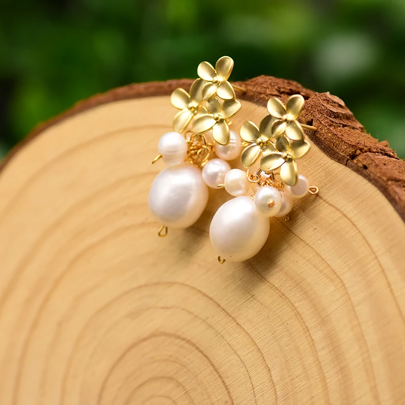 GLSEEVO Original Fresh Water Pearl Three Flower Custer Drop Earrings For Women Wedding Engagement Fine Jewelry Oorbellen GE0771