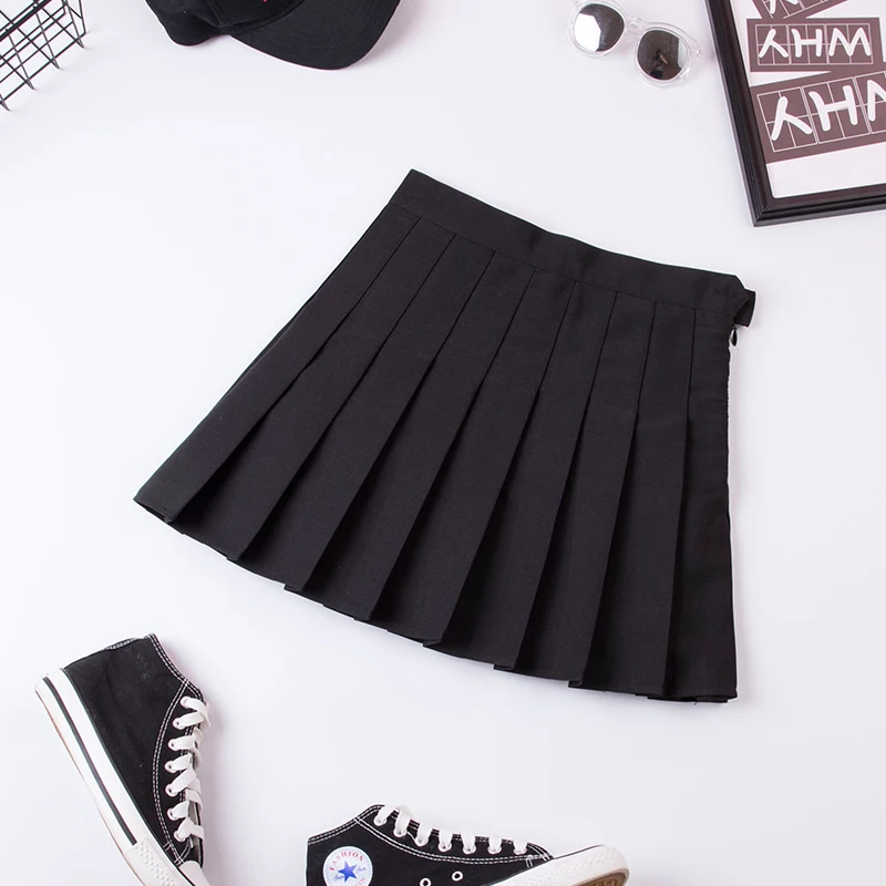Черный Sexy Womens Pleated Mini Skirt Schoolgirl Short Dress Cosplay Club Costume Solid Color Mini Skirts Faldas Mujer Moda plus size - Цвет: Черный