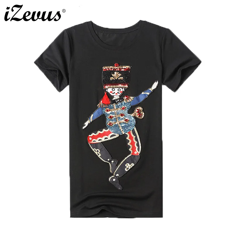 

IZEVUS 2019 Fashion New Female Funny O Neck T-Shirt Print Embellished T-Shirt Women Short Sleeve Summer Tops