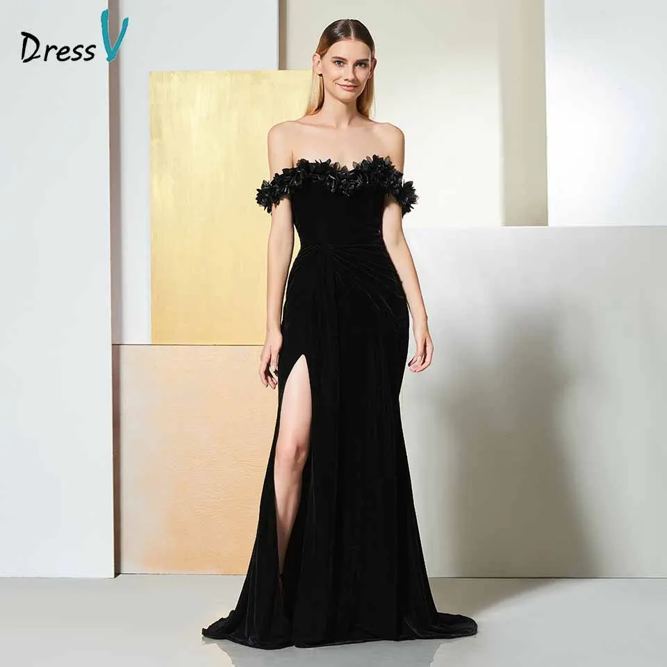 Dressv Черное вечернее платье с открытыми плечами без рукавов Русалка Длина до пола