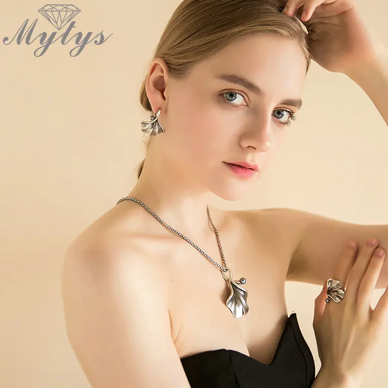 Mytys Винтажный серебряный серый лист гинкго Ювелирные наборы для женщин ретро