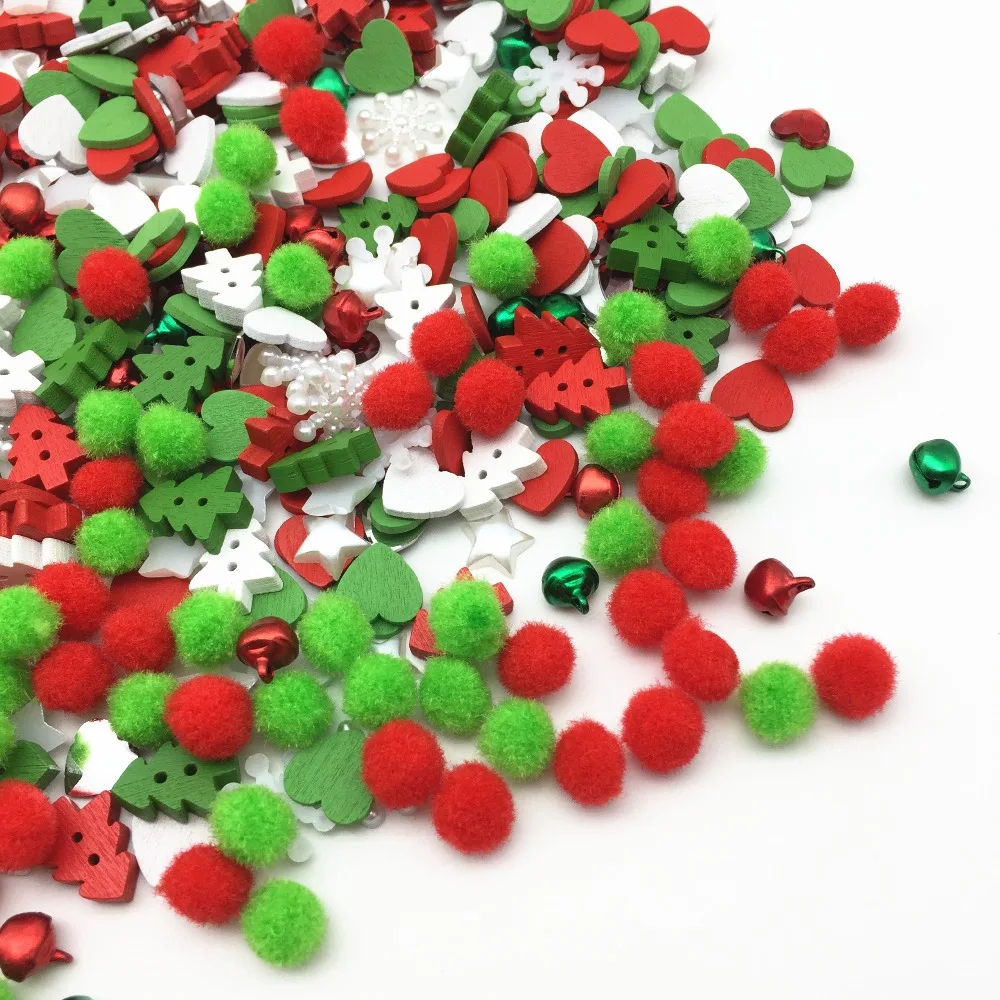 300pcs Christmas Bag of Pom Poms Wood Xmas Tree Buttons Jingle Bells Snowflake Star Pearls Scrapbook Embellishment DIY Crafts | Дом и сад