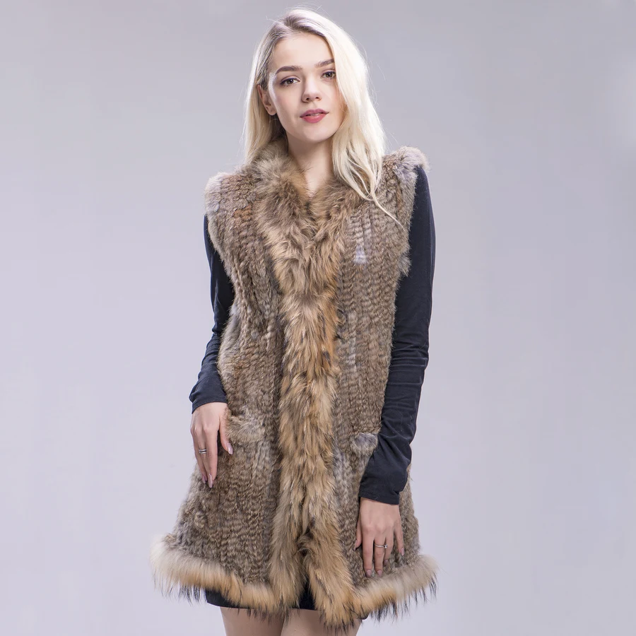 ZDFURS * натуральный кроличий мех вязаные жилеты отделка мехом енота качественные