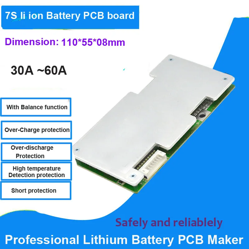 

7S 24V Li ion Battery PCB for 29.4V BMS with 30A or 60A constant current with Balance function for inverter power or e-bike