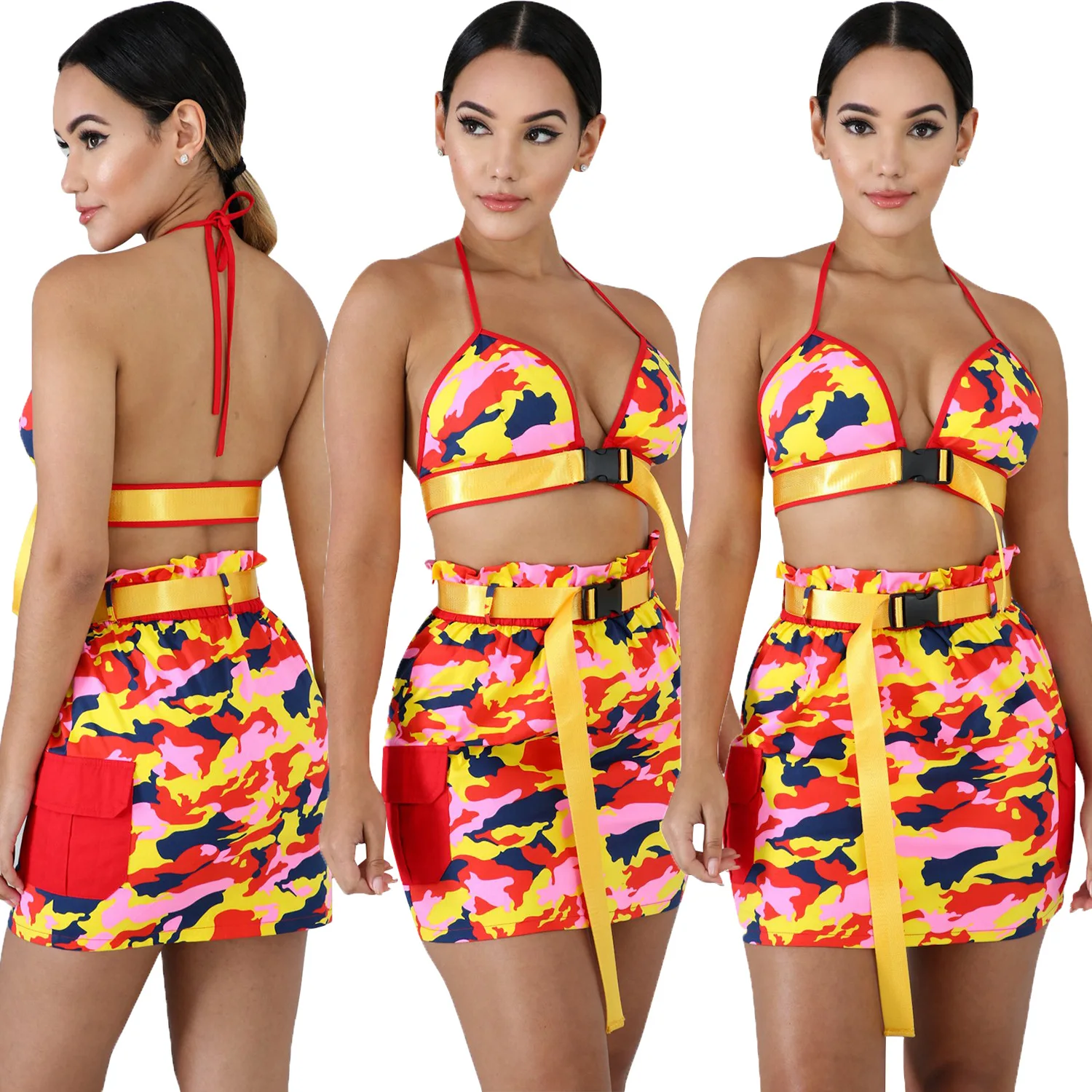 

Camouflage Sexy 2 Piece Set Women 2019 Backless Halter Crop Top and Mini Skirt Club Outfits Two Pcs Summer Matching Sets