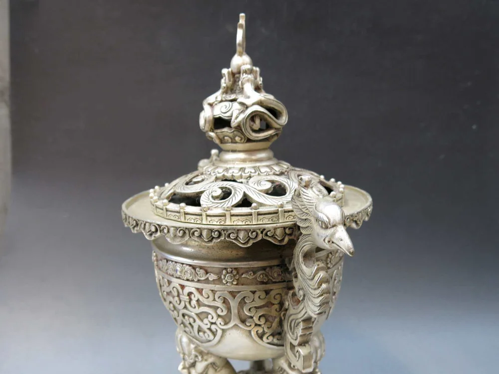 13 &quotКитай Серебро ручная работа резной Феникс сенсер Дракон благовония горелка