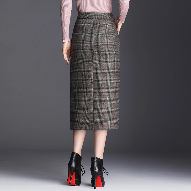 Женская элегантная зимняя клетчатая юбка шерстяная длинная тонкая модная