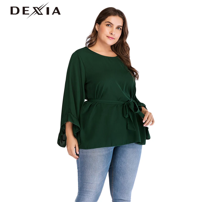 DEXIA плюс Размеры 3XL 4XL зеленый блузка Для женщин длинными расклешенными рукавами
