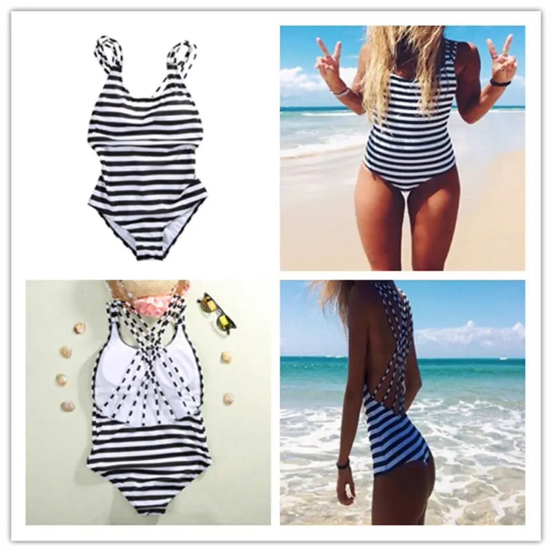 Женский черный полосатый бандаж на спине полый купальник монокини для ванной Пуш