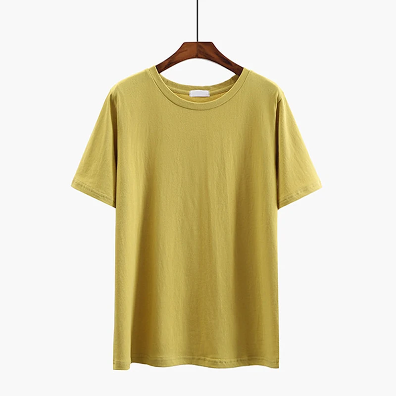 yellow Женская футболка, Повседневная хлопковая футболка для девушек, топ, футболка с коротким рукавом и круглым вырезом, женские топы, Прямая поставка, весна-лето - Цвет: yellow