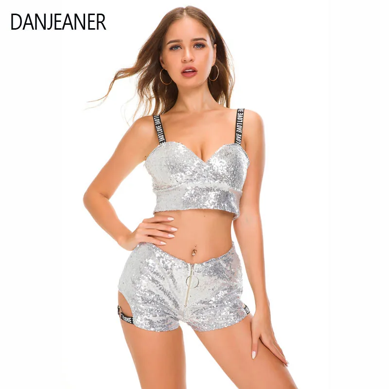 

Костюм DANJEANER женский из двух предметов, пикантный комплект с блестками, шорты с завышенной талией для танцев, баров, диджеев, ночных клубов и ...