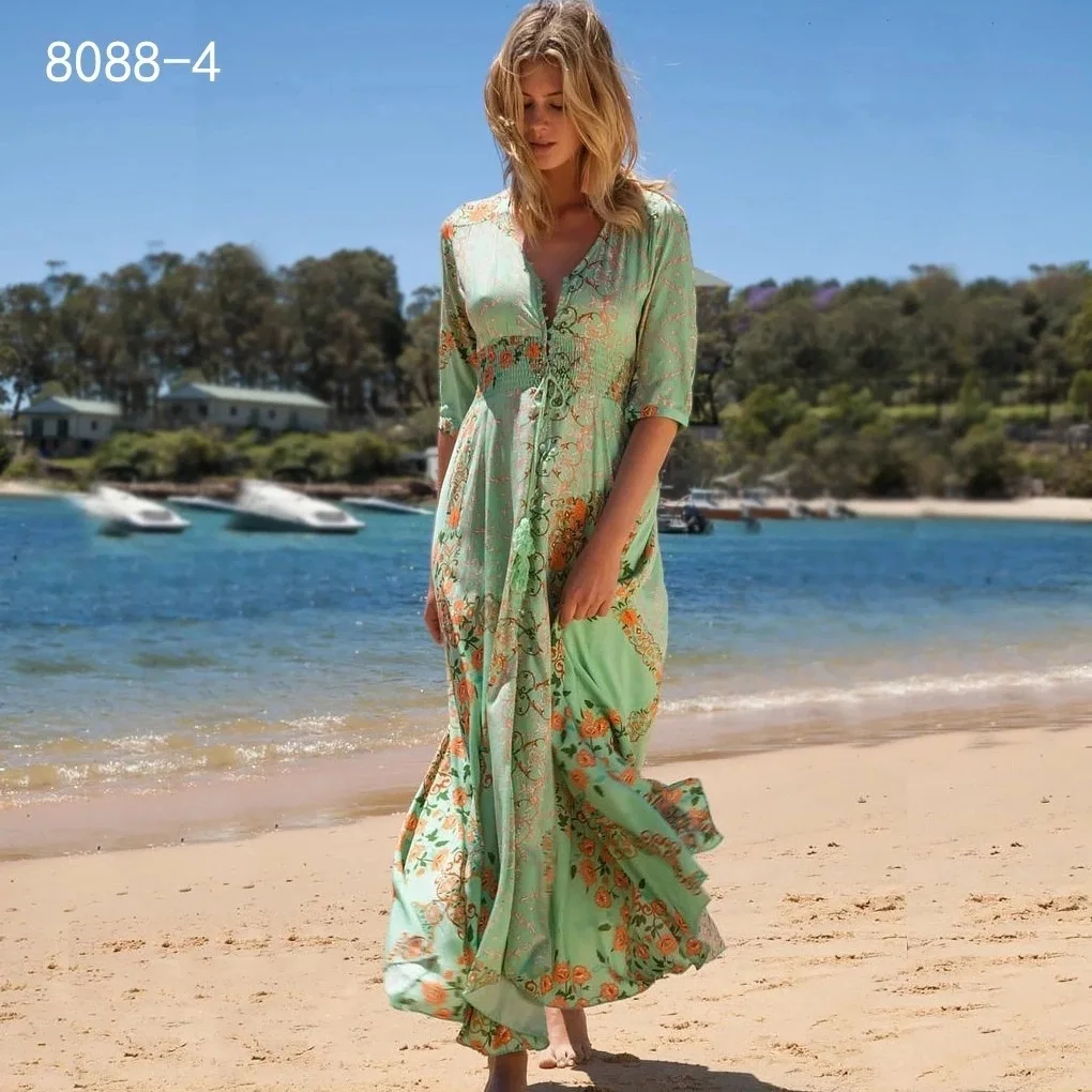 see chart Женская пляжная одежда женское платье купальники для одежды чехол для одежды Ups Bohemia печать шеи Кнопка с длинным рукавом юбка - Цвет: see chart