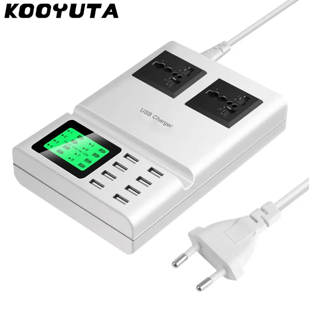 

KOOYUTA Multi Port Desktop Charger 8 USB HUB LCD Display AC Outlet Power Socket Strip Extension Adapter Phone Holder For Huawei