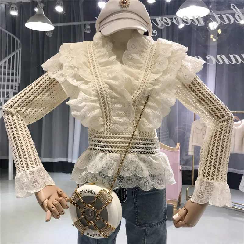 ALPHALMODA отделка из оборок открытая кружевная блузка женская облегающая однотонная Мода Blusas Mujer De Moda Blusas Femininas Elegante