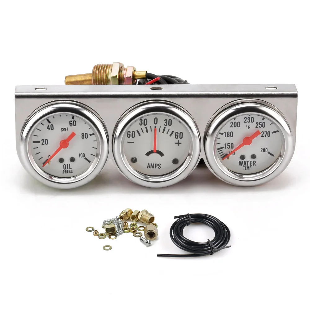 Dynoracing 2inch Chrome Panel Oil Pressure gauge Water Temp gauge Amp Meter Triple Gauge kit Set White Face Car meter BX101323
