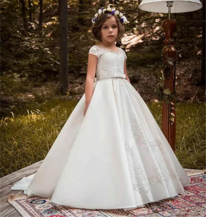

White/Ivory A-Line Flower Girl Dresses For Weddings Sequined Lace Long Kids Pageant Gowns First Communion Dress