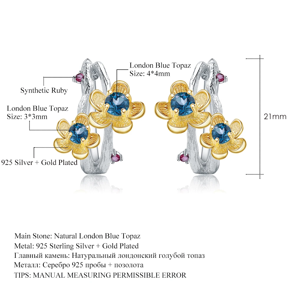 

GEM'S BALLET 925 Sterling Silver Handmade Earrings 2.10Ct Natural London Blue Topaz Plum Blossom Flower Stud Earrings for Women