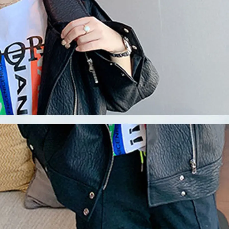 Кожаная куртка женская 2019 Новая Осенняя Черная из искусственной кожи Модная с