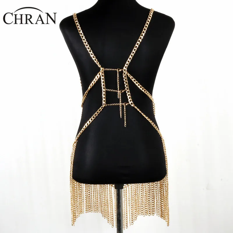 

Chran Silver Sexy Women Beach Party Chain Harness Tassel Dress Halter Necklace New Night Club Backless Skirt Party Chain Bra