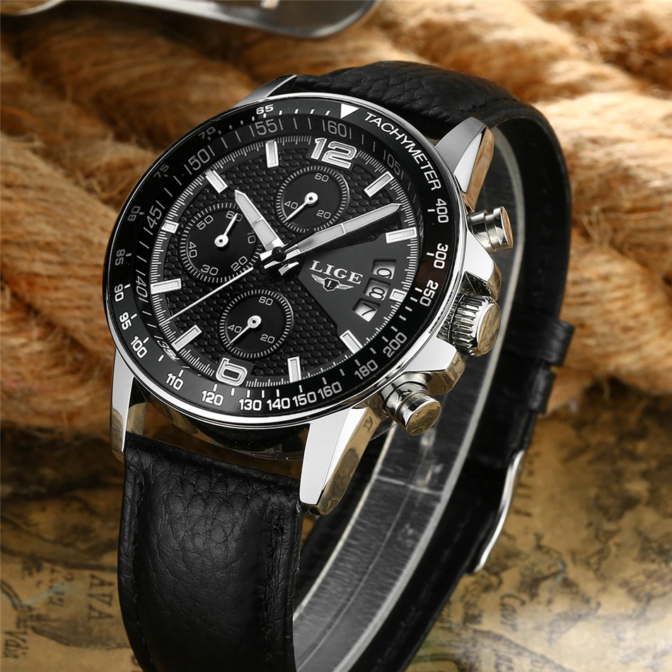 Бренд LIGE 2017 новые мужские часы кварцевые настоящие три циферблата светящиеся