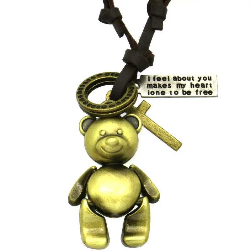 Tenny Bear винтажное массивное ожерелье крест круглые подвески регулируемое кожаное