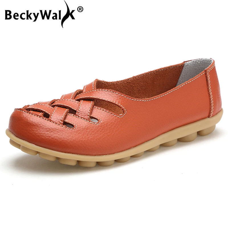 BeckyWalk летняя женская обувь вырезы натуральная кожа слипоны для мам на плоской