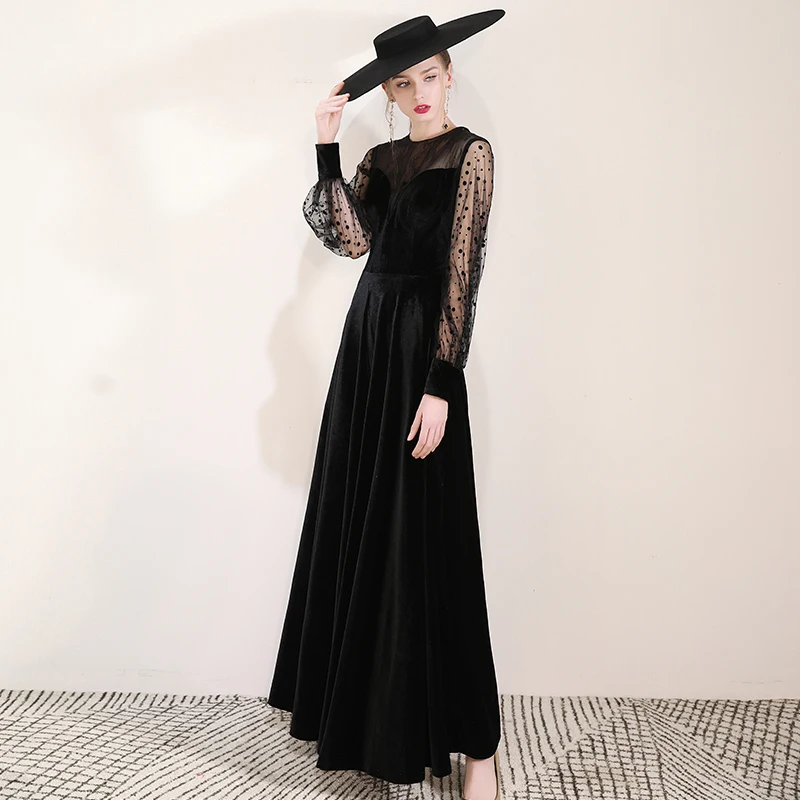 Женское винтажное вечернее платье SSYFashion элегантное черное велюровое в пол с
