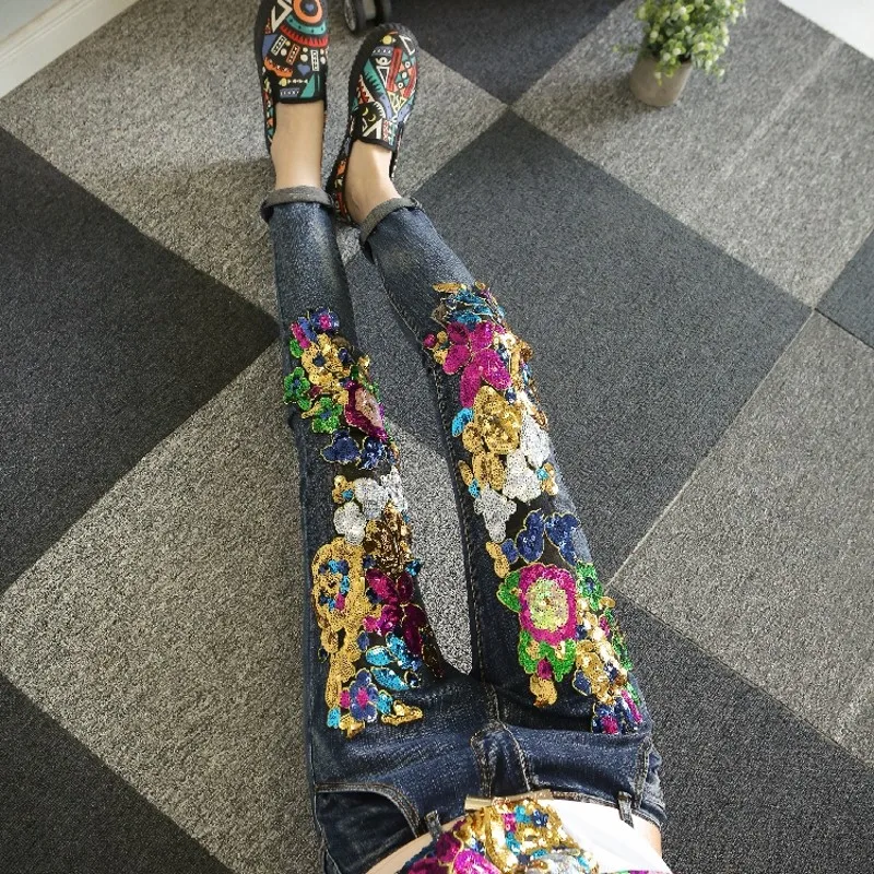 Женские джинсы карандаш с блестками и цветами в стиле ретро 2019|jeans woman|jeans women