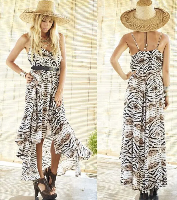 Женское богемное платье макси без рукавов летнее пляжное на бретелях спагетти с