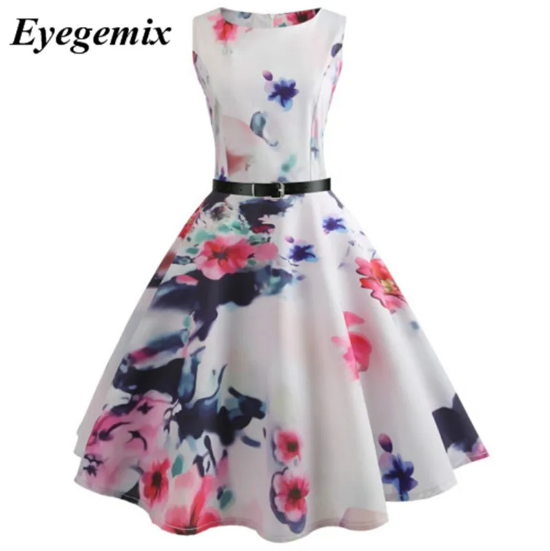 2018 Women New 50s 60s Retro Vintage Dress Polka Dot Sleeveless Spring Summer Red Flora Print Rockabilly Swing Party | Женская одежда