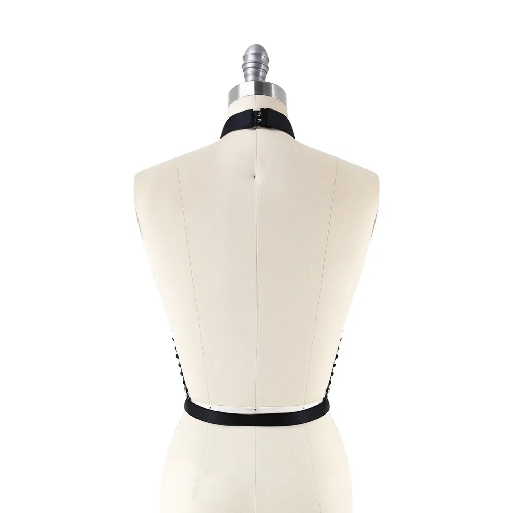 Sexy Backless Women's Halter Tank Tops Colorful Crystals Zircons Plated Breast Accessories Camisole Mesh Top Beach Night Club