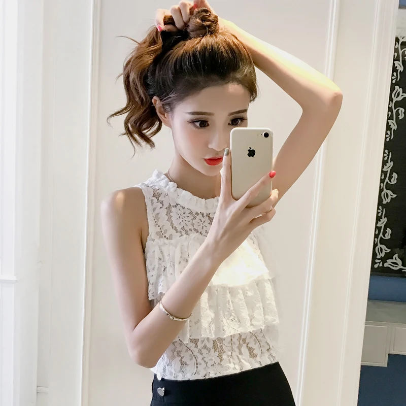 Женская короткая кружевная блузка без рукавов с круглым вырезом|ruffle blouse|white lace