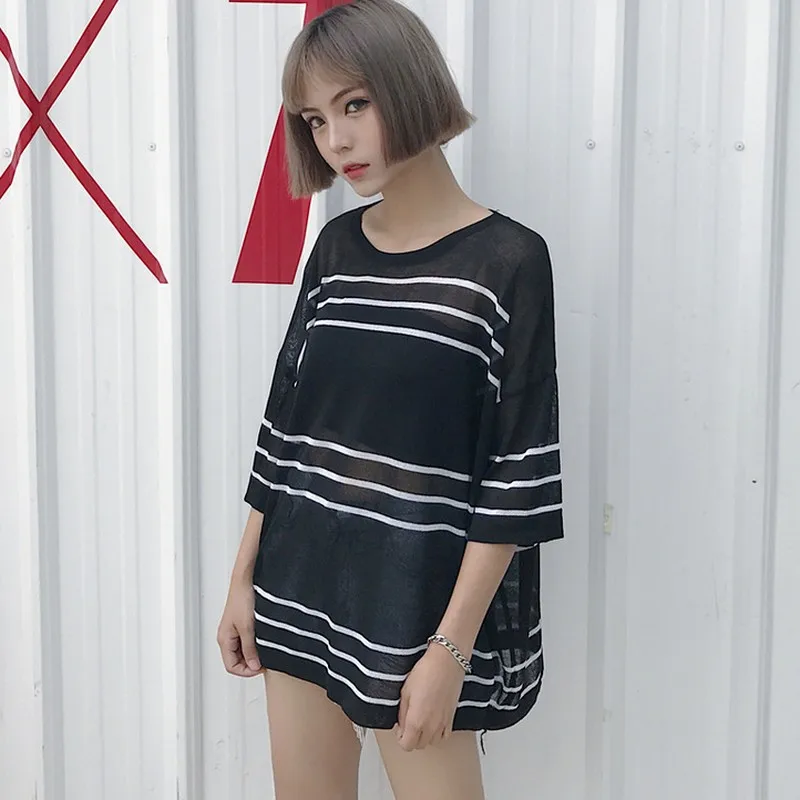 PLAMTEE Oversized Batwing Sleeve T-Shirts For Women Loose Summer Tops 2017 Fashion Striped Round Neck Female Knitted T Shirt | Женская