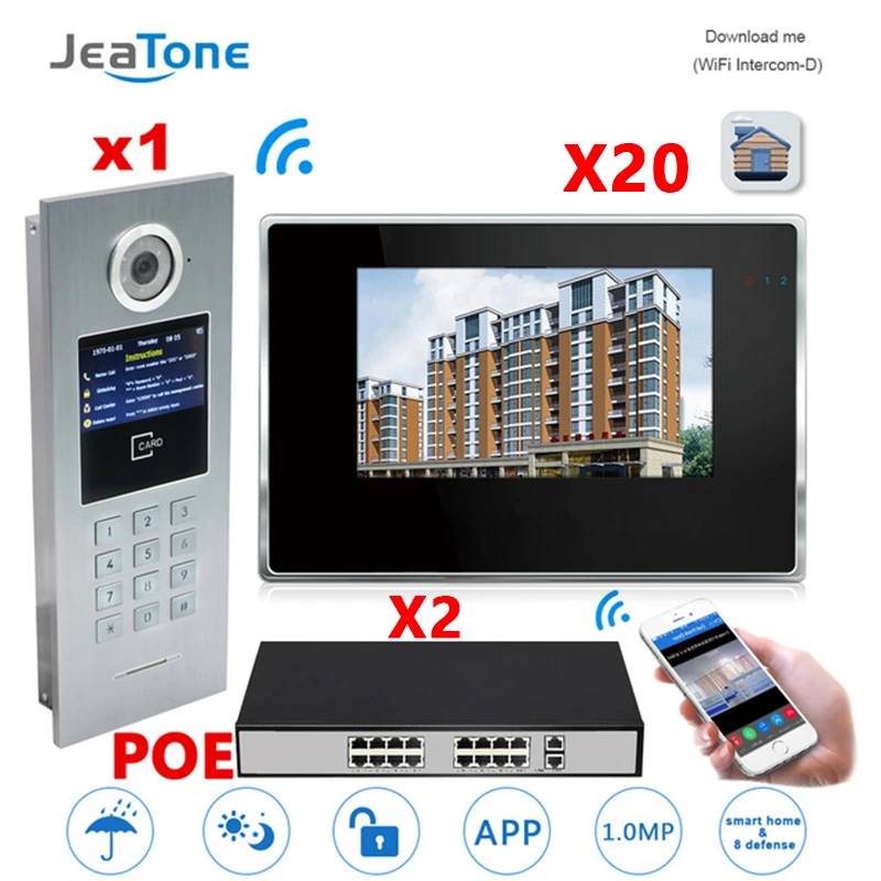 7 ''Touchscreen WIFI IP Video Deurtelefoon Intercom + POE Switch 20 Vloeren Gebouw Toegangscontrole Systeem Ondersteuning wachtwoord/IC Card