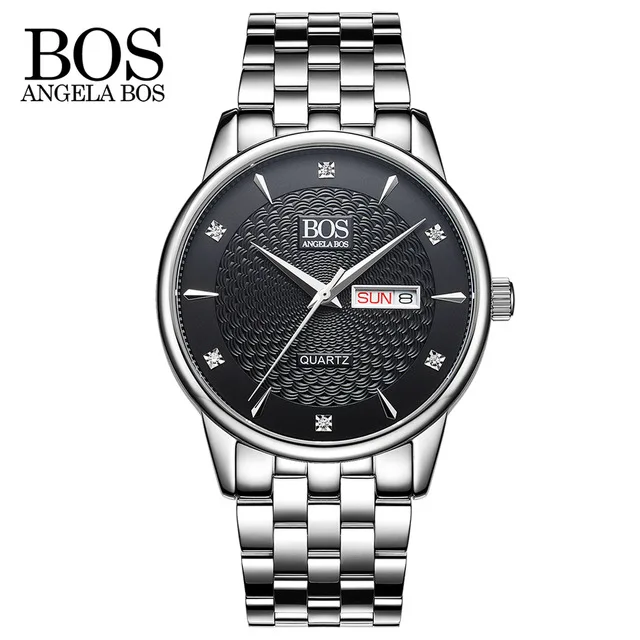 black Relogio Masculino лучший бренд ANGELA BOS Роскошные Бизнес кварцевые мужские часы модные часы с календарем светящиеся наручные часы из нержавеющей стали - Цвет: black
