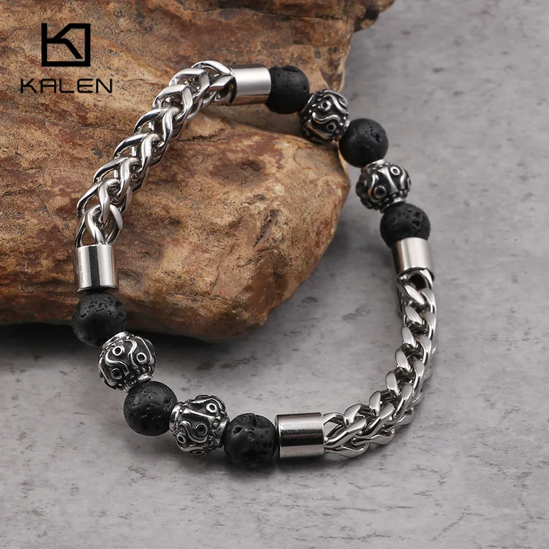 Мужские браслеты KALEN из нержавеющей стали с черными лавовыми бусинами|bracelets