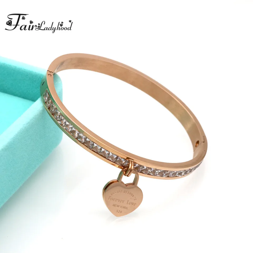 

Fairladyhood Design Luxury Brand Women Hanging Heart Label Forever Love Pulseira Titanium steel Bangle For Women Jewelry