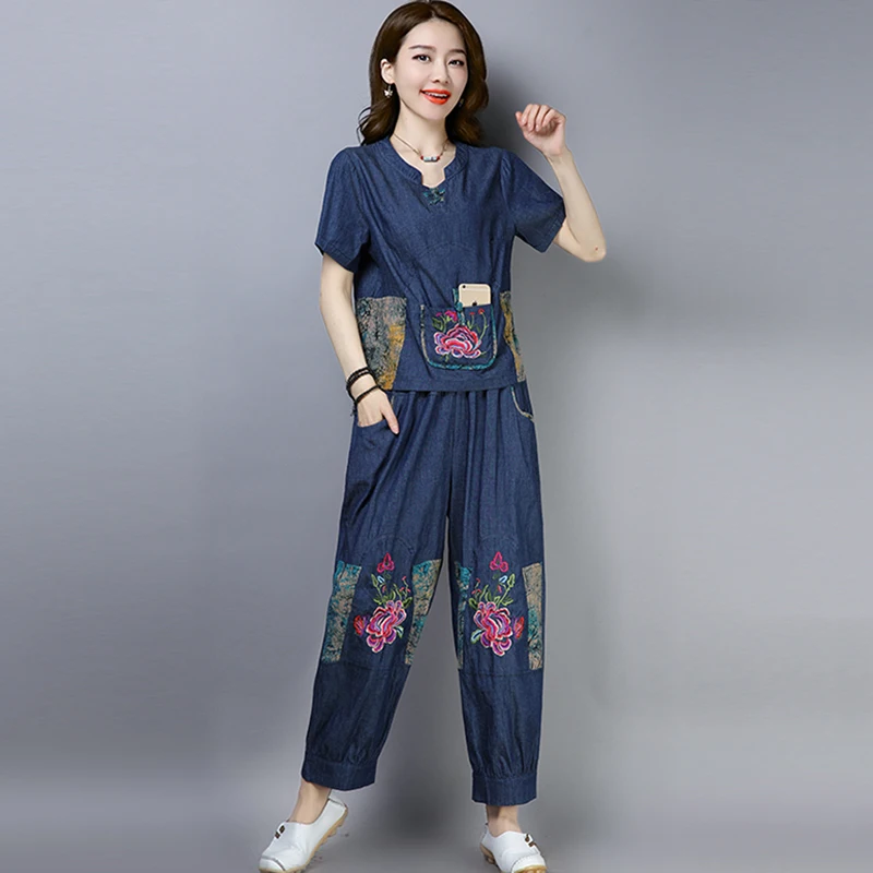 Женский винтажный костюм из двух предметов топ с вышивкой в национальном стиле и