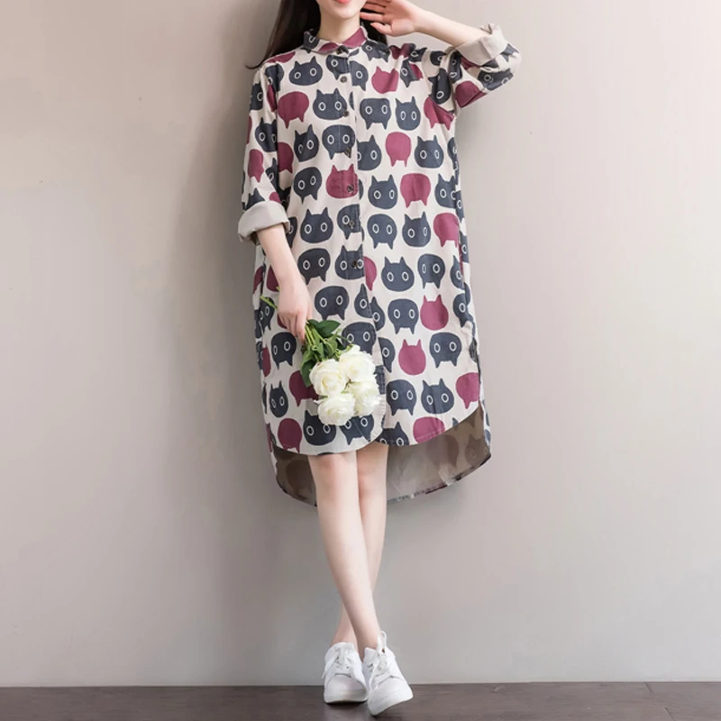 Для Женщин Принтом кота платье Новинка весны 2017 года с длинным рукавом