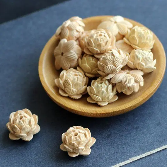 2pcs Natural Boxwood Carved Lotus Beads Prayer Loose Space Japa Mala Buddha Jewellery Findings DIY Accessories Large | Украшения и